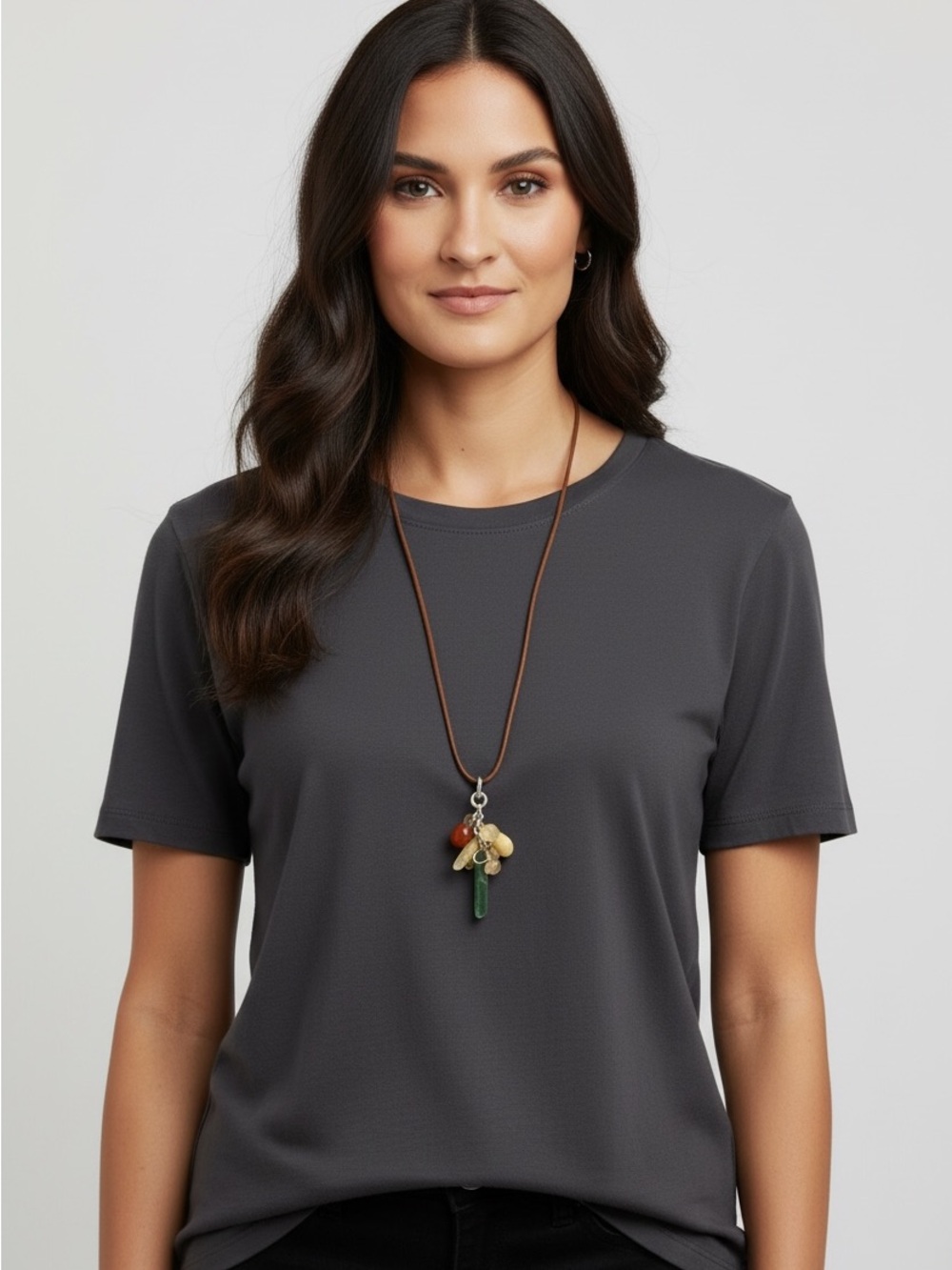 Long Leather Cord Necklace with Multi-Stone Pendant in Green, Amber and Cream
